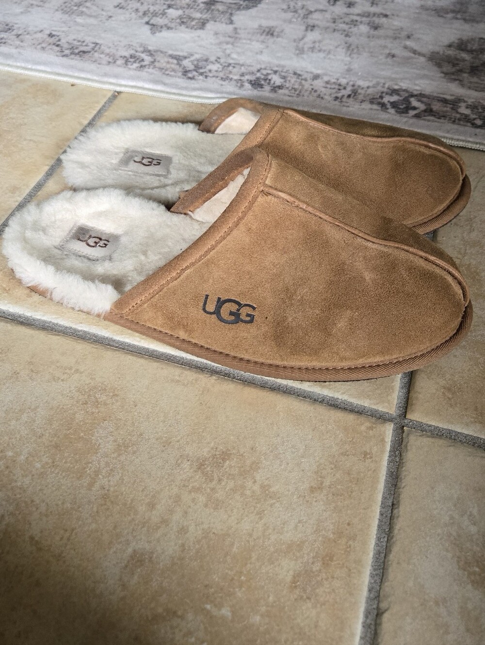 UGG Mens Scuff Suede Slippers Chestnut Tan Sheepskin Shearling Fur Size 11 Uggs - Picture 13 of 13